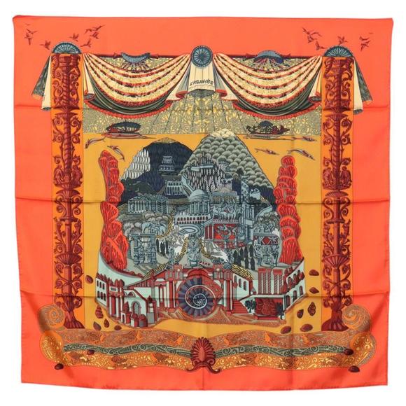 HERMES Carre 90 Scarf ""L'Atlantide"" Silk Orange Auth EC513 - Picture 1 of 14
